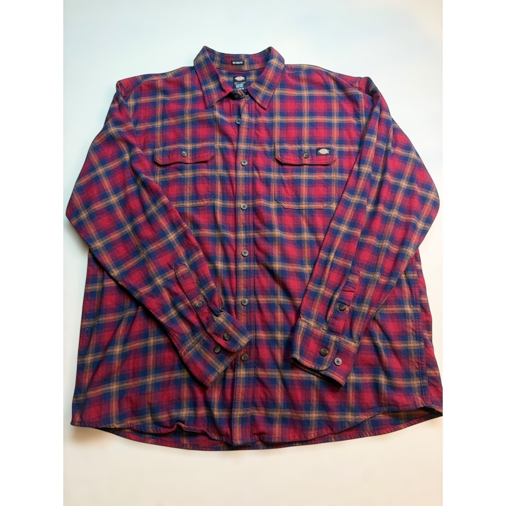 Dickies Mens‎ Relaxed Fit Plaid Flannel Shirt XL Red Navy Button Up Long Sleeve